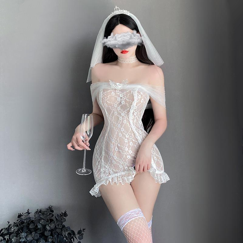 Set Đồ Ngủ Cosplay Cô Dâu Váy Voan Trắng Kèm Phụ Kiện Đầy Đủ Như Hình