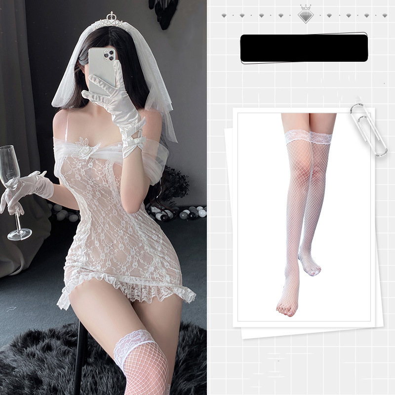 Set Đồ Ngủ Cosplay Cô Dâu Váy Voan Trắng Kèm Phụ Kiện Đầy Đủ Như Hình