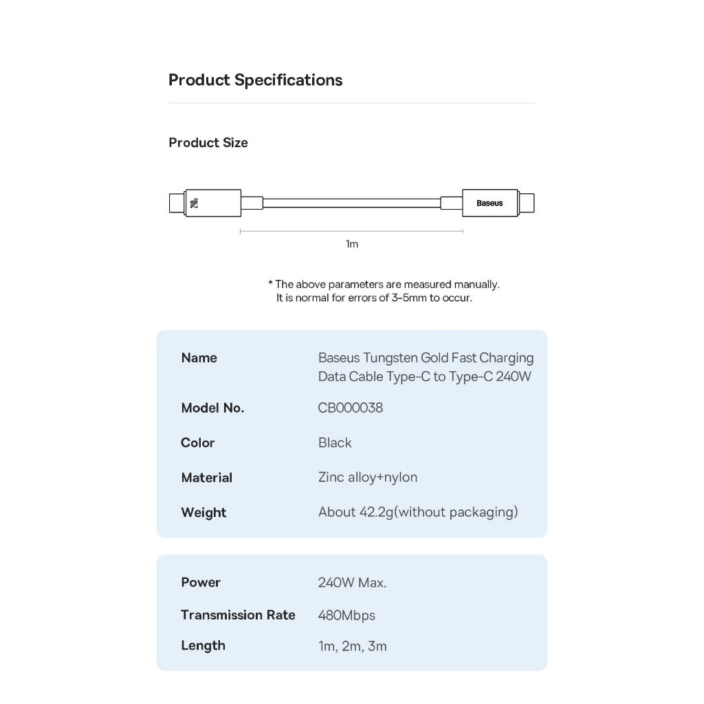 Cáp Sạc Siêu Nhanh Type C to Type C 240w PD 3.1 Baseus Tungsten Gold Cho Laptop, Tablet, Mac, SS, HUAWEI, XIAOMI