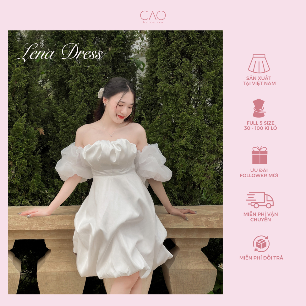 Đầm nữ dự tiệc Lena dress  có bigsize  thiết kế cúp ngực xòe tay bồng nhún CaoCaobycaochen có 3 màu đen trắng hồng