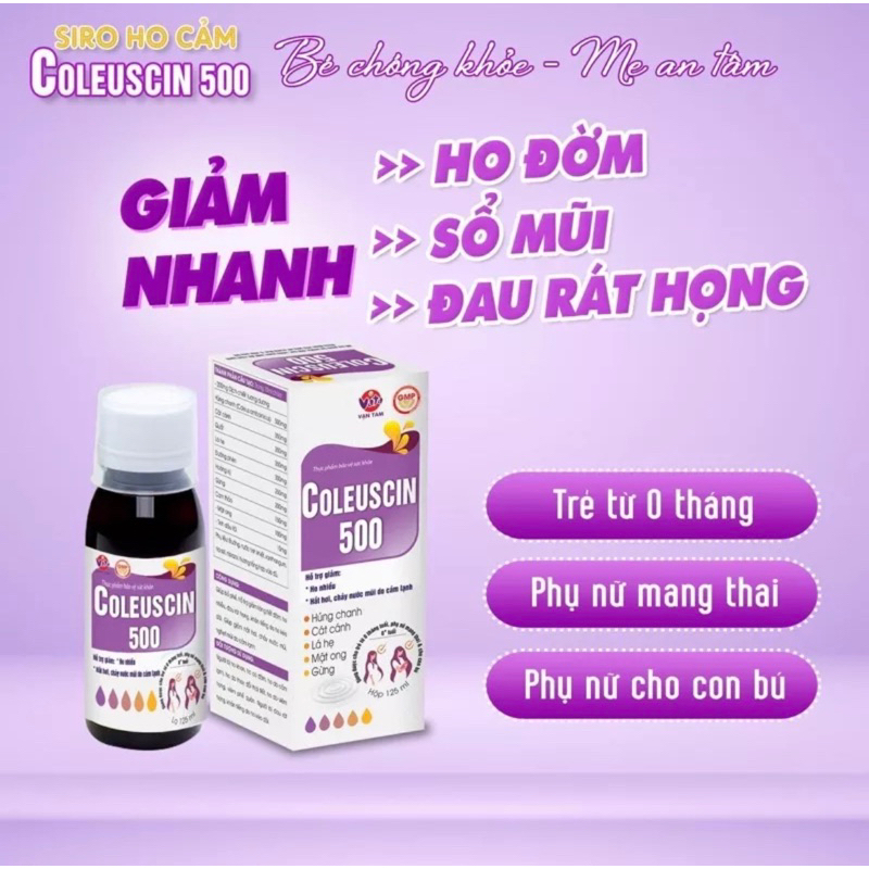 SIRO HO CẢM COLEUSCIN. GIẢI CẢM, GIẢM HO, TIÊU ĐỜM. AN TOÀN CHO TRẺ SƠ SINH, PHỤ NỮ CÓ THAI.