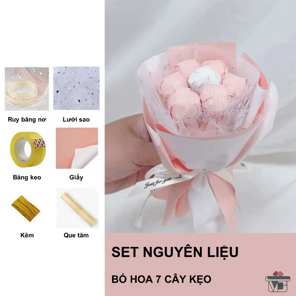 Set nguyên liệu bó hoa 7 cây kẹo nhỏ dễ thương