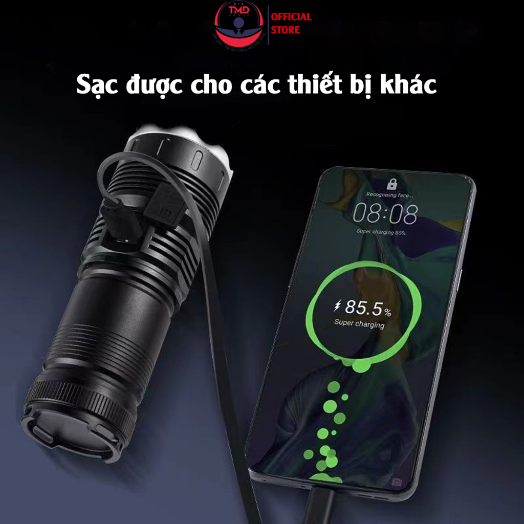 Đèn pin Laser siêu sáng TMD GROUP - Chip led cao cấp tăng tuổi thọ, pin kép dùng 6-12h, sạc nhanh Type-C