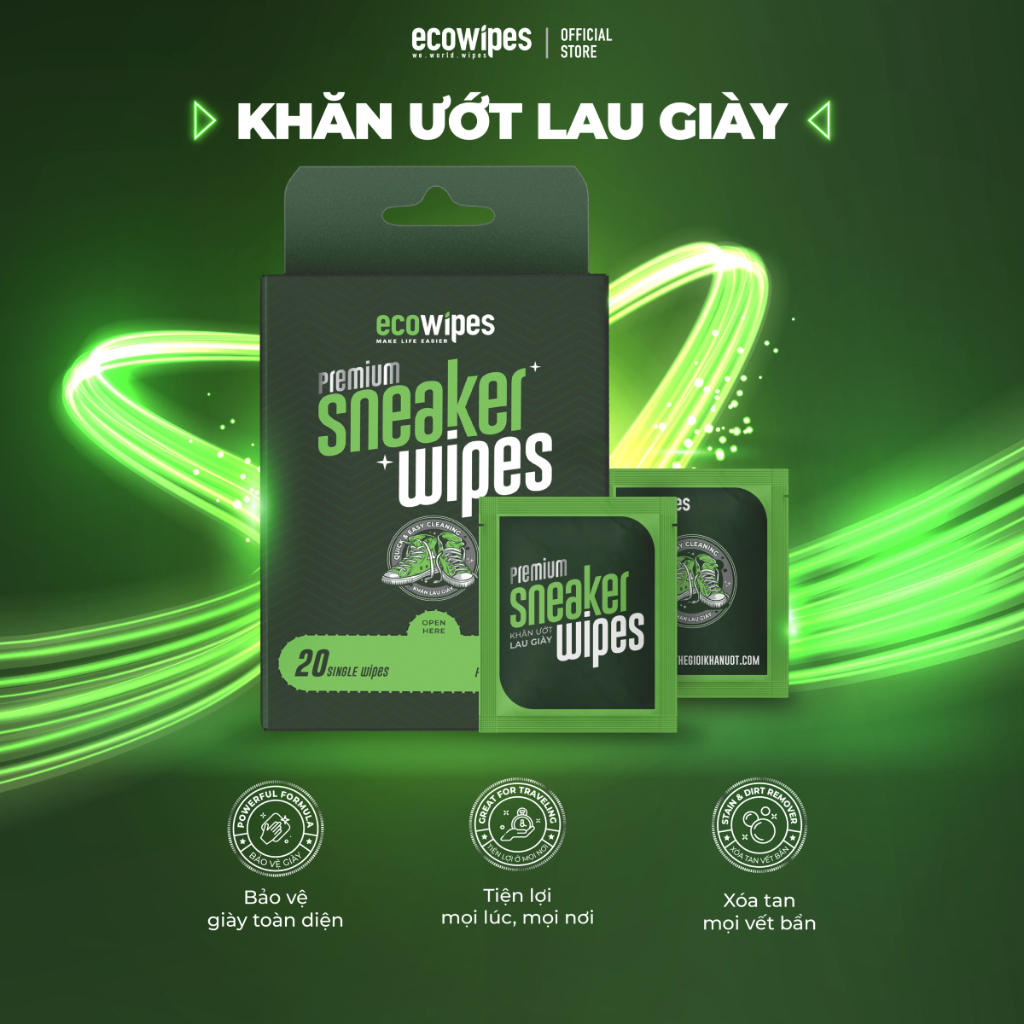Hộp 20 gói Khăn ướt lau giày thể thao vệ sinh nhanh Sneaker Wipes size Premium gói 1 tờ