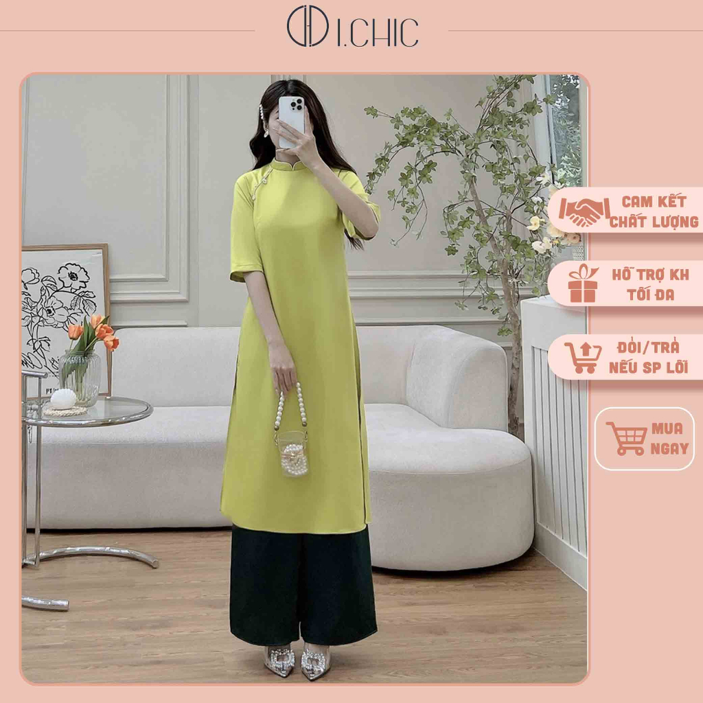 ICHIC - Áo dài Mộc Xanh bơ dáng suông CÓ ẢNH THẬT.