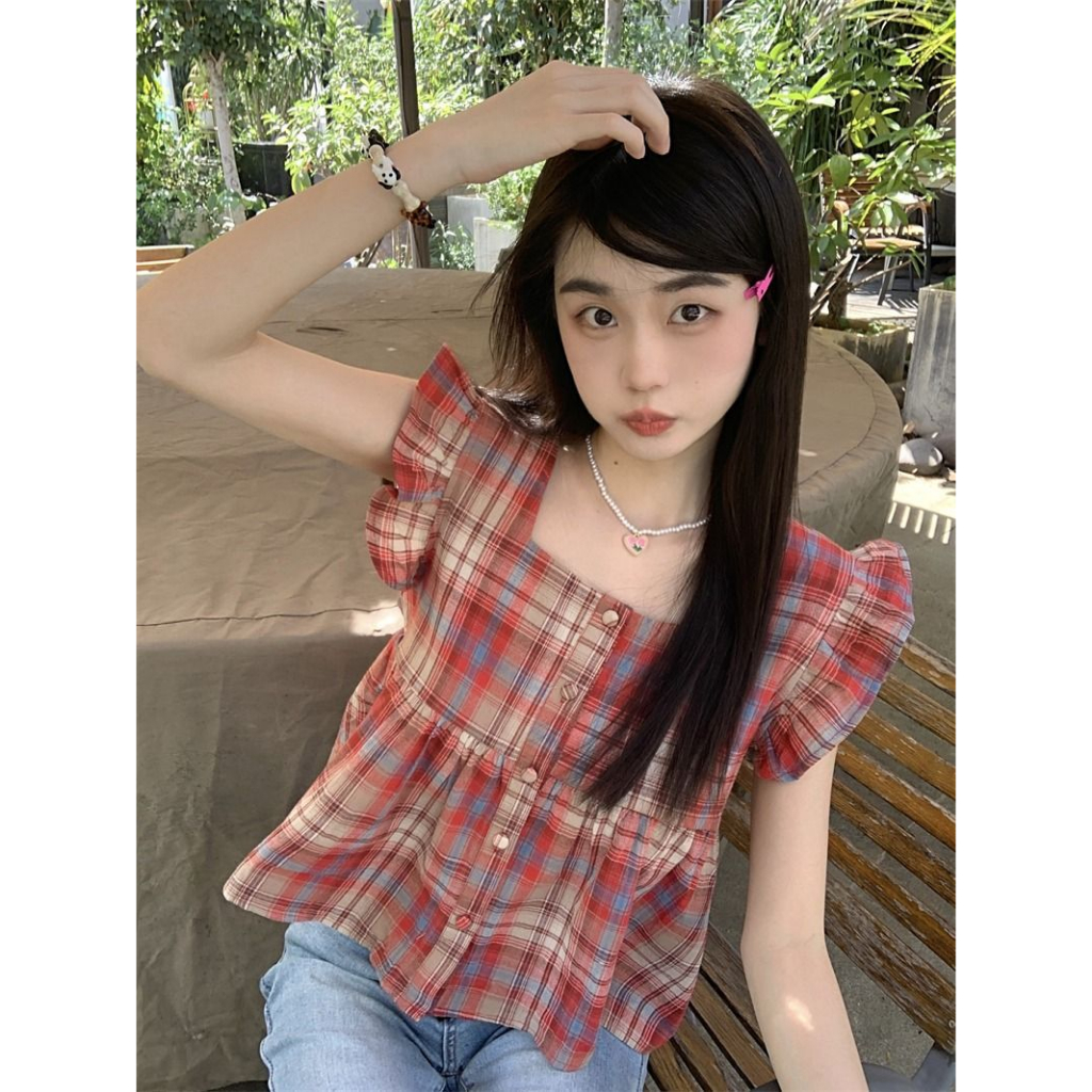 Áo babydoll ngắn tay_Áo kẻ caro hot girl phong cách Hàn Quốc AO88