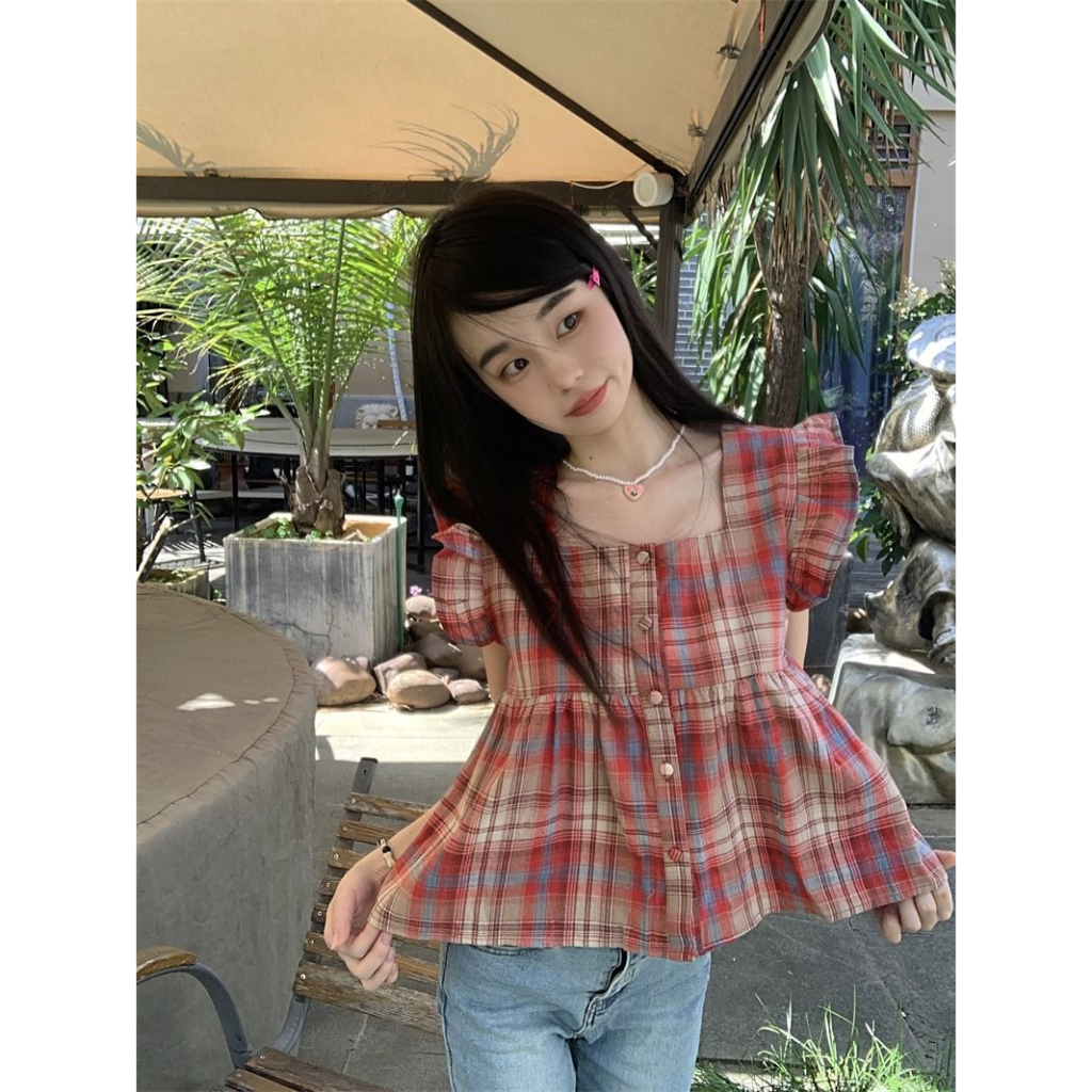 Áo babydoll ngắn tay_Áo kẻ caro hot girl phong cách Hàn Quốc AO88