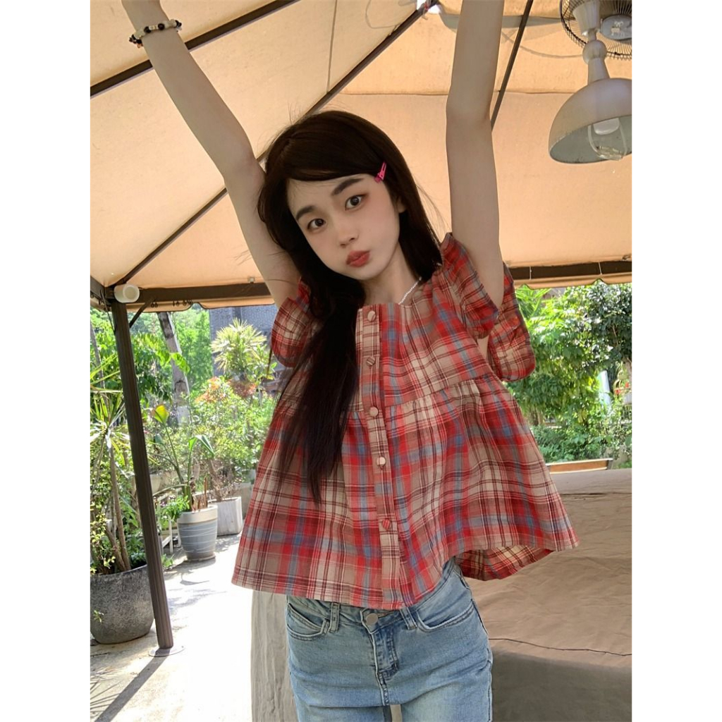 Áo babydoll ngắn tay_Áo kẻ caro hot girl phong cách Hàn Quốc AO88