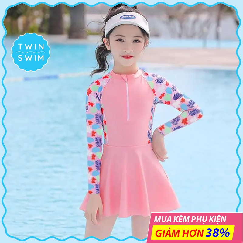 Đầm Bơi Thiếu Nữ Áo Tay Dài Twin Swim, Đồ Bơi Váy Bé Gái Liền Xinh Xắn, Váy Cho Bé Gái Hoa Văn In Sắc Nét Quần Áo Trẻ Em