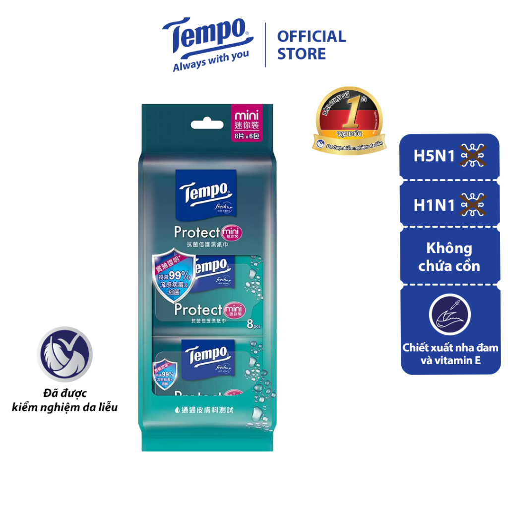 Khăn ướt Mini Tempo Protect Ngăn Ngừa Vi Khuẩn cao cấp - Diệt khuẩn 99%