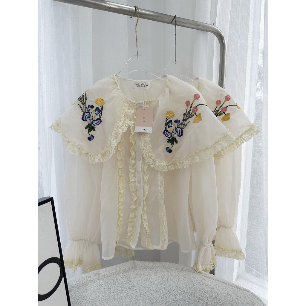 SET ÁO NUDE VIỀN BÈO HOA + SHORT XANH BO EO XẾP