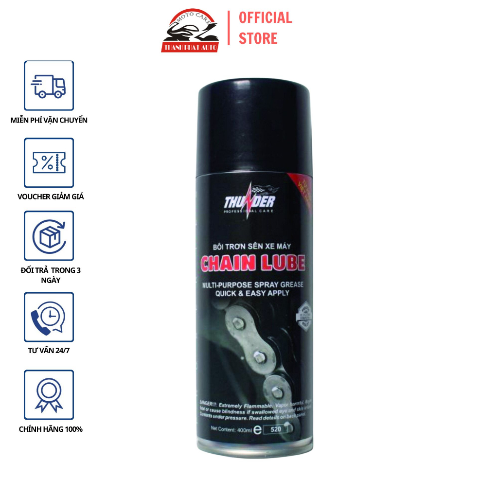 [Shopee Trợ Giá] Chai xịt bôi trơn bảo dưỡng sên / xích xe mô tô Thunder Chain Lube 400ml