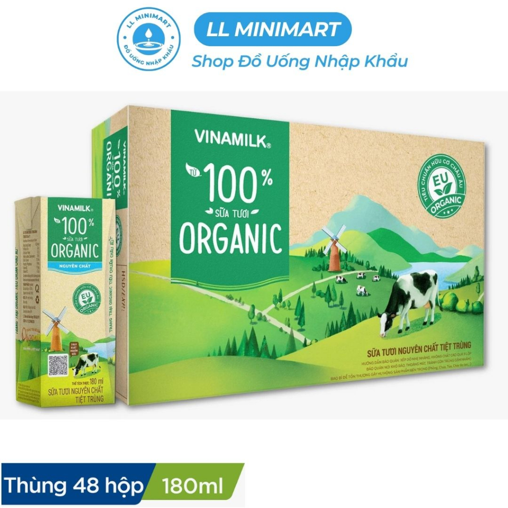 Thùng 48 Hộp Sữa Tươi Tiệt Trùng Nguyên Chất Không Đường 100% Organic Vinamilk Hộp 180ML