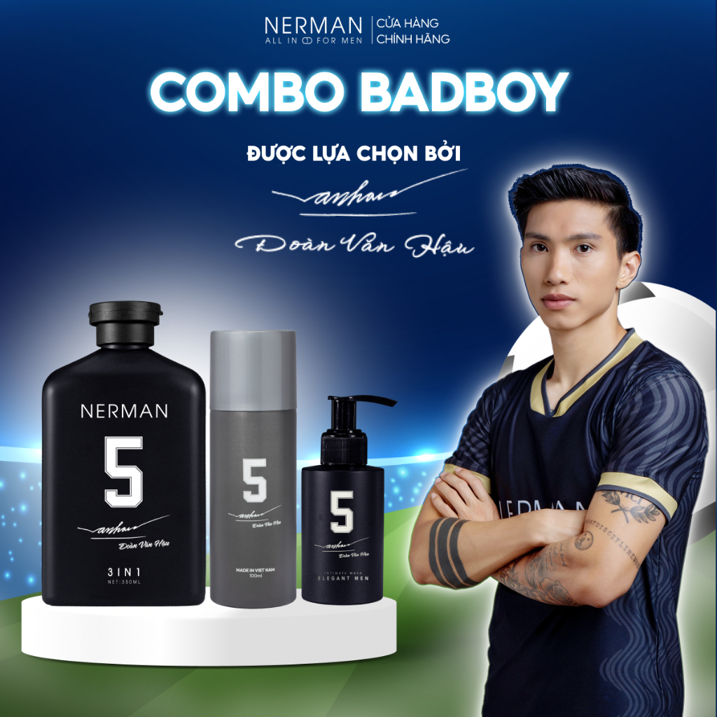 Combo Badboy Nerman - Sữa tắm gội 3in1 hương nước hoa cao cấp 350ml & Gel vệ sinh nam 100ml & Nước hoa khử mùi 100m