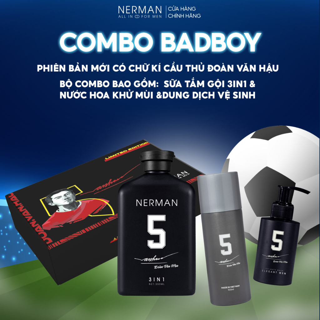 Combo Badboy Nerman - Sữa tắm gội 3in1 hương nước hoa cao cấp 350ml & Gel vệ sinh nam 100ml & Nước hoa khử mùi 100ml