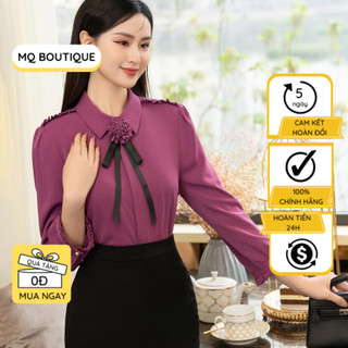Áo sơ mi kiểu voan lụa nữ dài tay cao cấp nép giấu khuy kèm nơ cổ công sở sang trọng , áo sơ mi thiết kế MQ Boutique