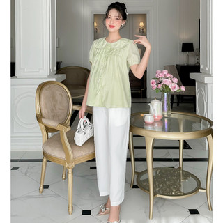 MEDYLA - Áo sơ mi bầu tơ xanh cốm lót lụa mặc kèm quần bầu dáng suông cho bầu mặc đi làm đi chơi - ATN1432