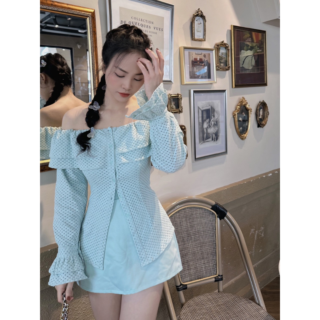SET ÁO BẸT VAI XANH MINT XỐP ĐỤC LỖ TAY BO BÈO TẦNG + CHÂN VÁY XANH MINT (TH)
