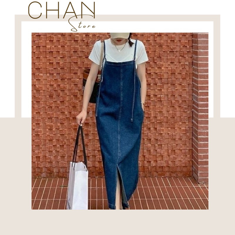 Yếm váy jean hai dây xẻ tà dáng chữ A phong cách hàn quốc