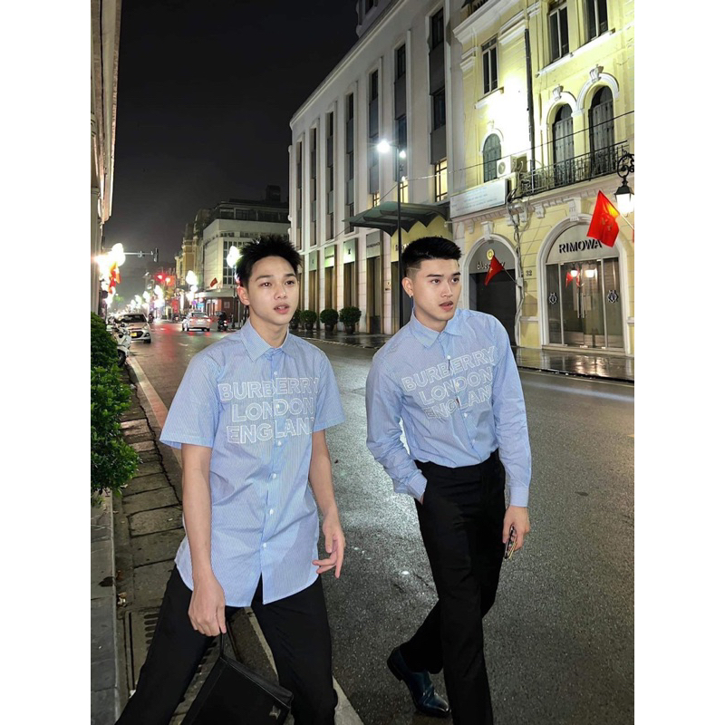 Áo Sơ Mi Burberry Xanh Sọc Logo Chữ London Áo Sơ Mi BBR Unisex Mẫu Mới Nhất