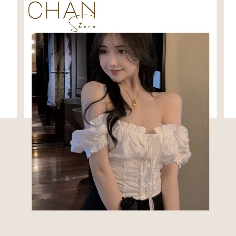 Áo sơ mi trắng kiểu bệt vai croptop phối hoạ tiết phong cách uzzlang