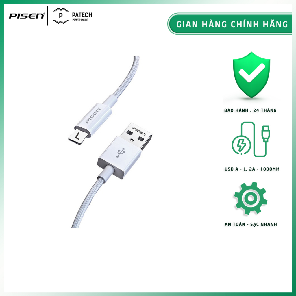 Cáp PISEN USB A to L 1000mm, dây bện chống gãy chống xoắn ( ZY-AL01-1000 ) - Hàng chính hãng, bảo hành 18 tháng