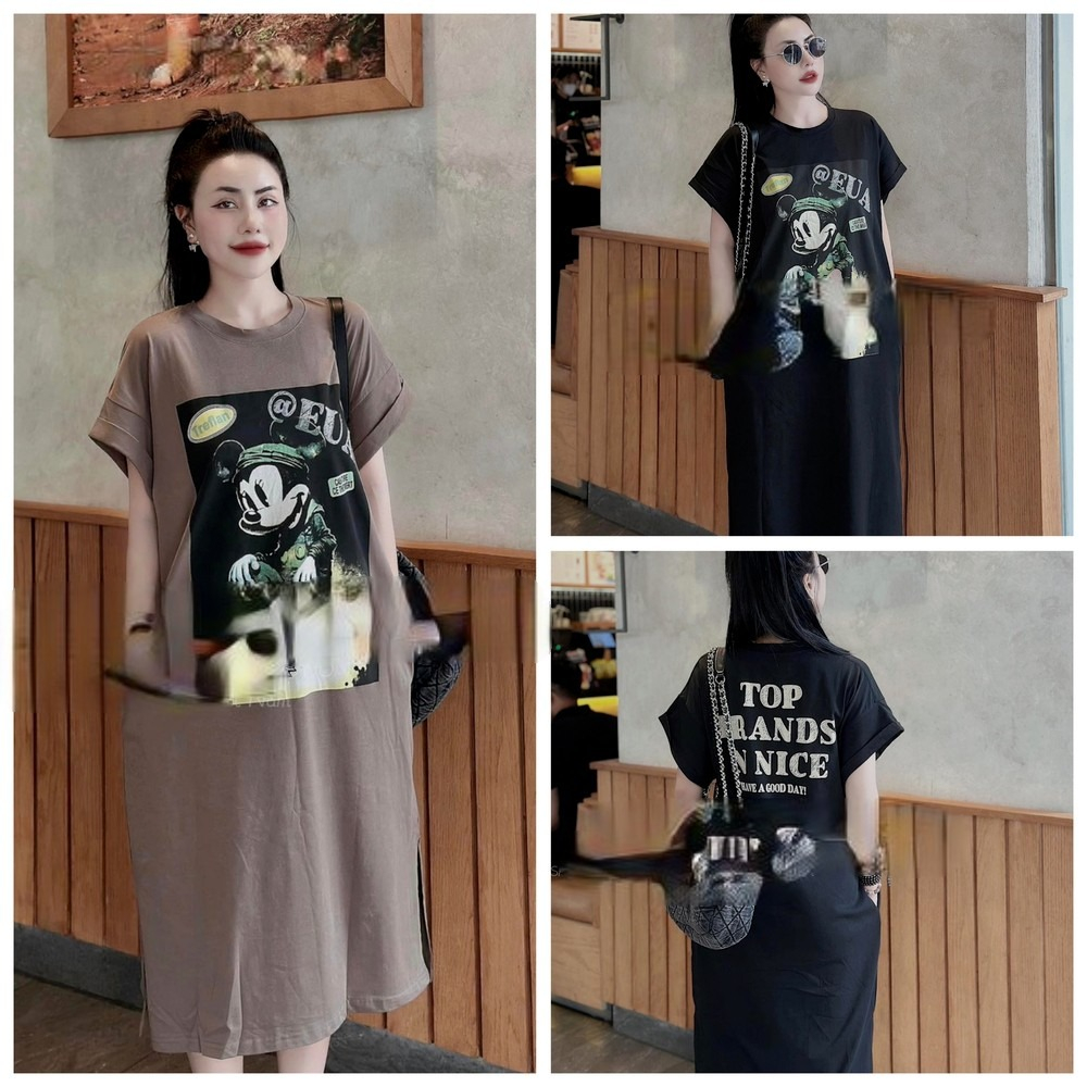 Váy suông cộc tay dáng dài cổ tròn chuột mickey, đầm suông ngắn tay midi (có big size) TM24