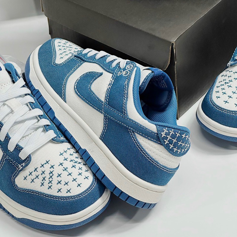 Giày Thể Thao Vải Bò Dunk Low Industrial Blue Sashiko Màu Trắng Phối Xanh