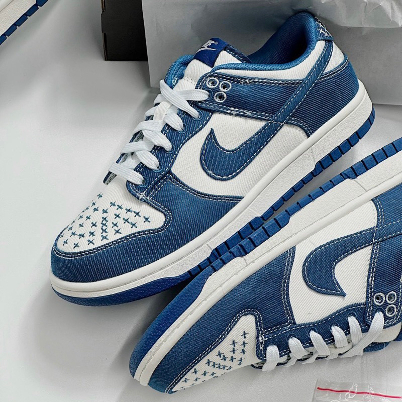 Giày Thể Thao Vải Bò Dunk Low Industrial Blue Sashiko Màu Trắng Phối Xanh