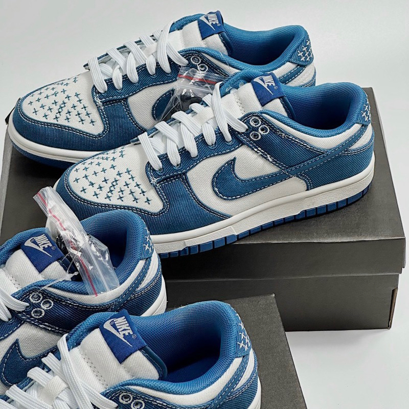 Giày Thể Thao Vải Bò Dunk Low Industrial Blue Sashiko Màu Trắng Phối Xanh