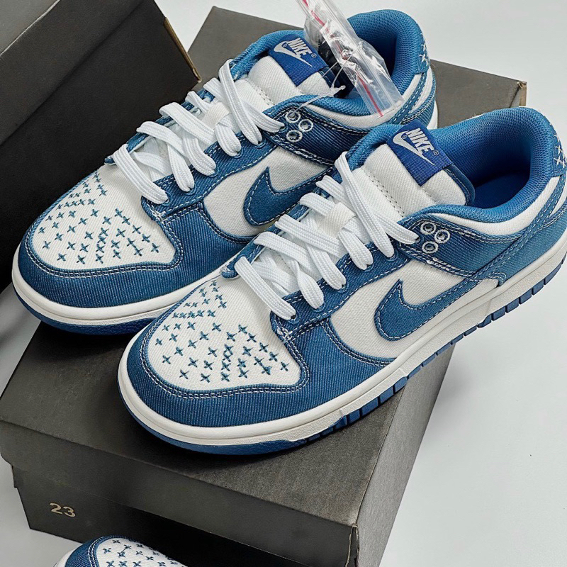 Giày Thể Thao Vải Bò Dunk Low Industrial Blue Sashiko Màu Trắng Phối Xanh