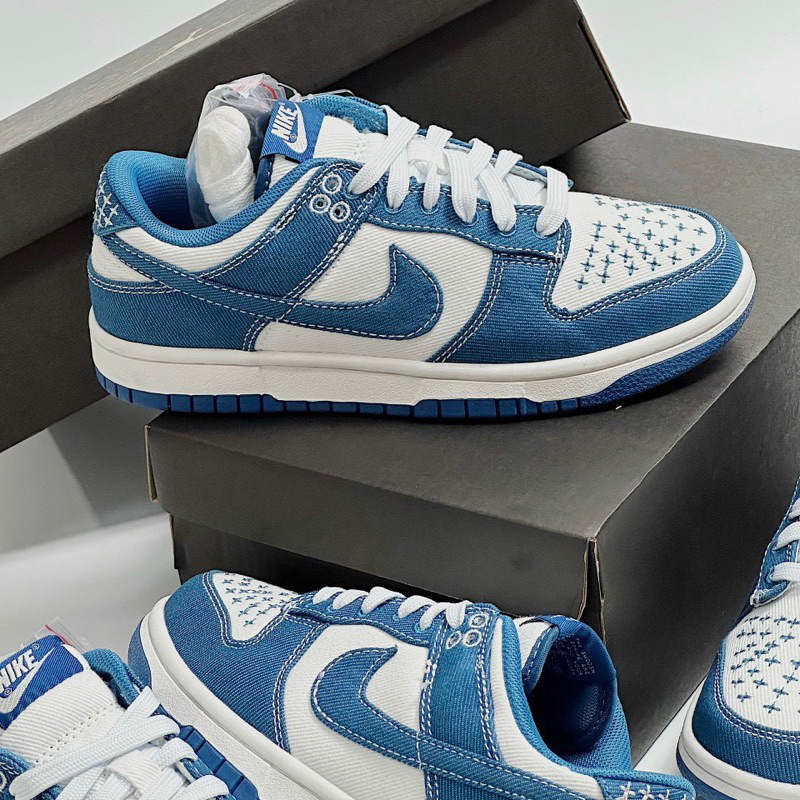 Giày Thể Thao Vải Bò Dunk Low Industrial Blue Sashiko Màu Trắng Phối Xanh