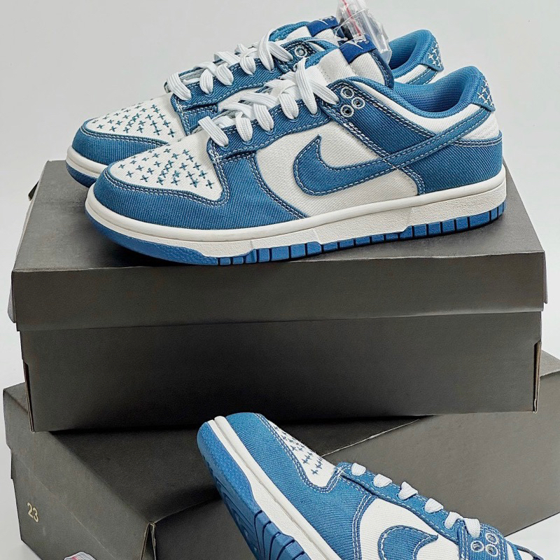 Giày Thể Thao Vải Bò Dunk Low Industrial Blue Sashiko Màu Trắng Phối Xanh