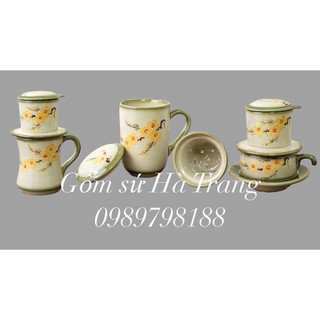 Phin pha cafe cốc lọc trà gốm sứ Bát Tràng cao cấp men dong vẽ mai vàng