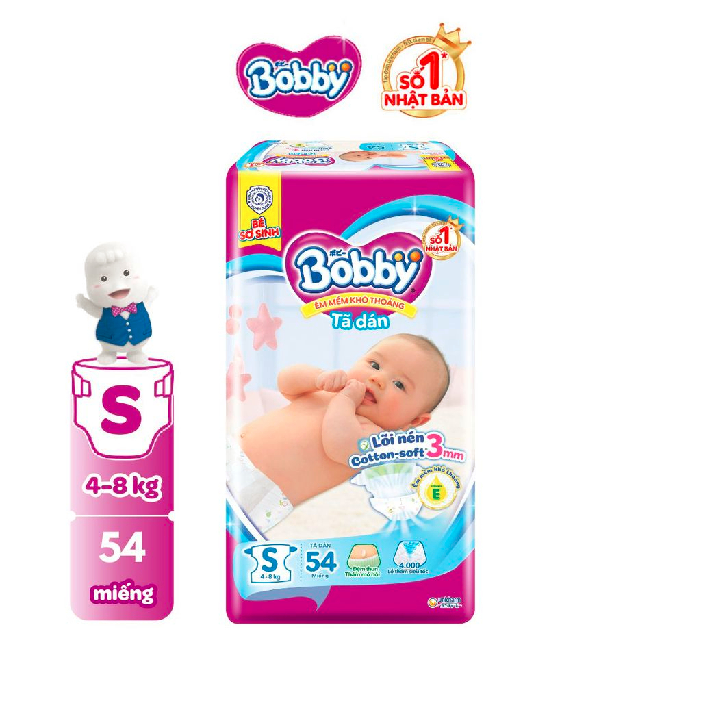 Tã dán sơ sinh Bobby S29/S54/S56 cho bé từ 4-8kg lõi nén cotton-soft 3mm