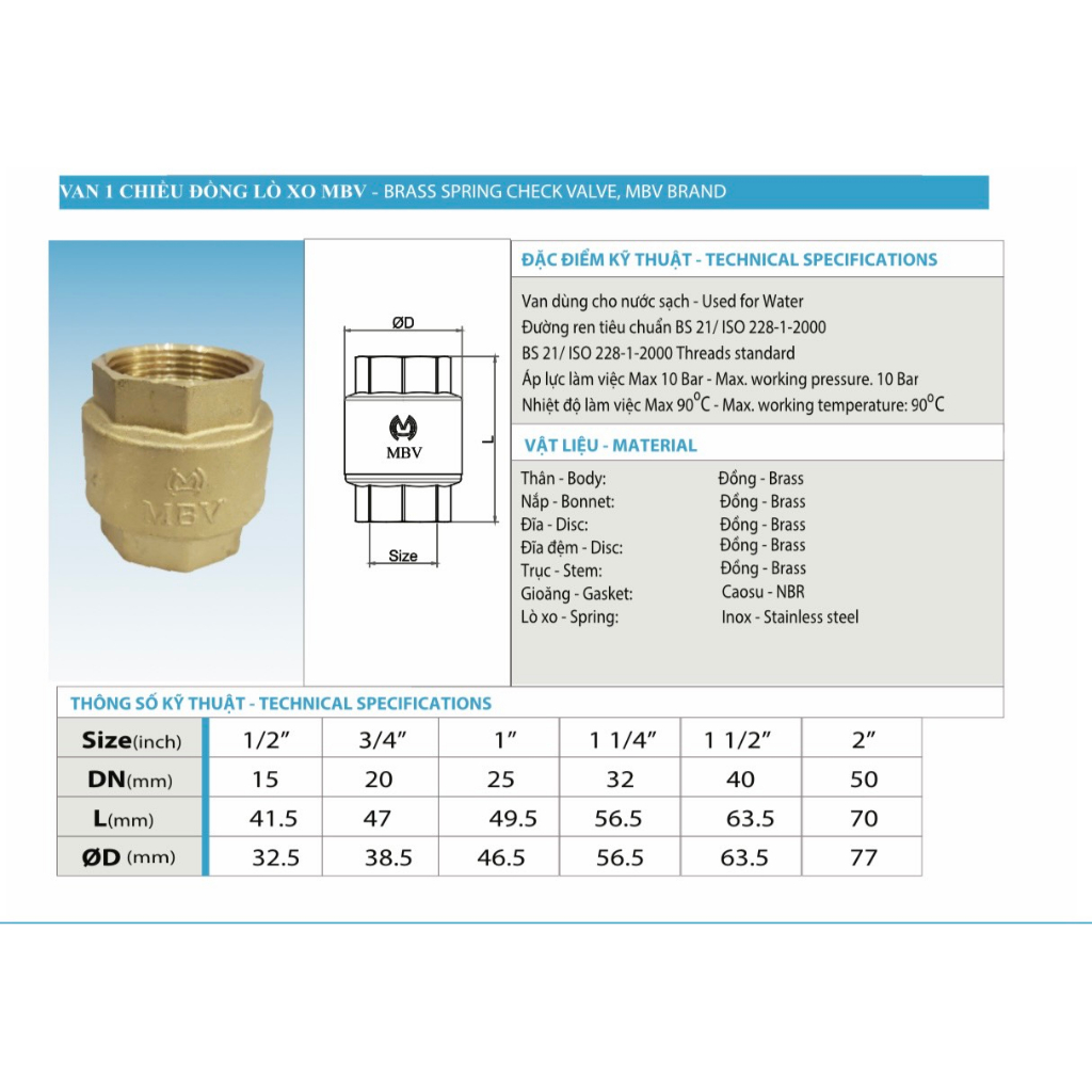 Van 1 chiều lò xo MBV 21mm, 27mm chính hãng Minh Hòa