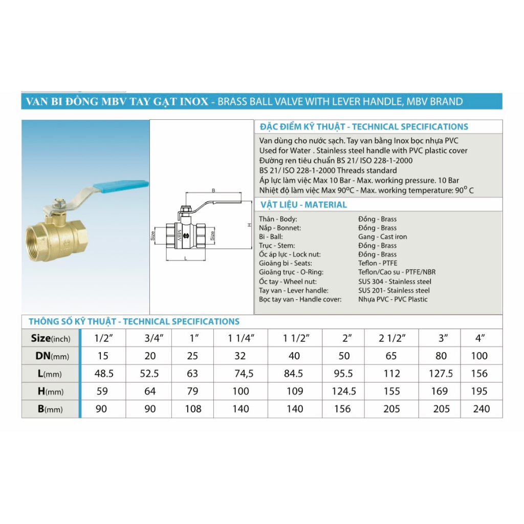 Van bi đồng tay gạt MBV dn15, dn20, dn25 hàng Việt Nam chất lượng cao