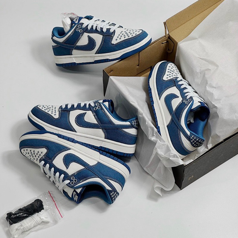 Giày Thể Thao Vải Bò Dunk Low Industrial Blue Sashiko Màu Trắng Phối Xanh