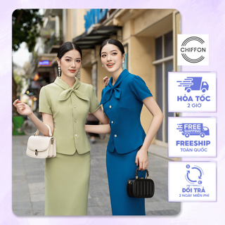 Áo vest ký giả cổ nơ cúc ngọc cao cấp Chiffon, chân váy bút chì set ký giả Chiffon