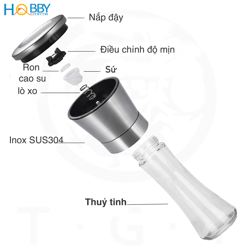 Lọ xay tiêu cầm tay nắp viền inox 304 lọ thủy tinh Hobby home decor XT2 mẫu thon lưỡi nghiền tiêu bằng sứ