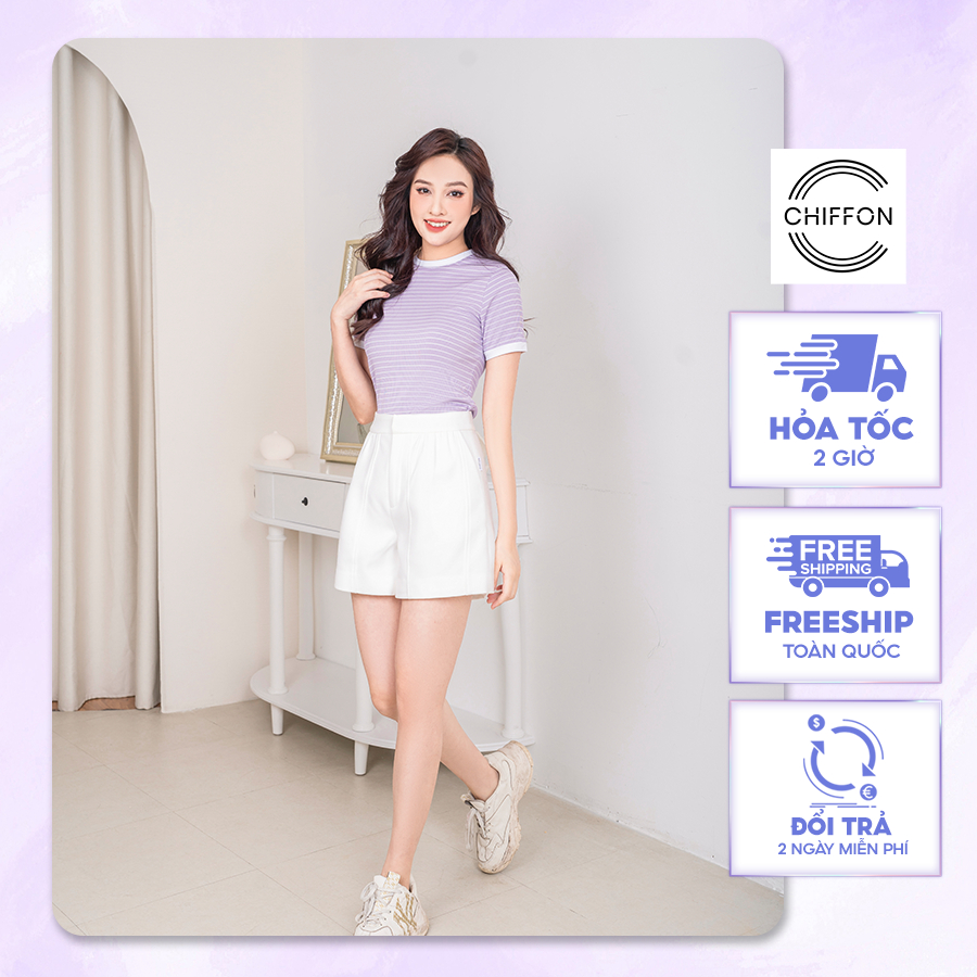 Áo phông nữ kẻ cổ tròn cao cấp Chiffon