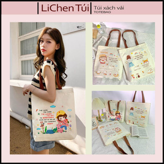 Túi vải canvas totebag có khóa kéo ngăn nhỏ trong totebag túi tote cặp đi học giá rẻ LIchen T10