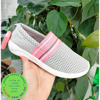 Giày mọi vải thun lưới crocs literide slip on nữ màu kem