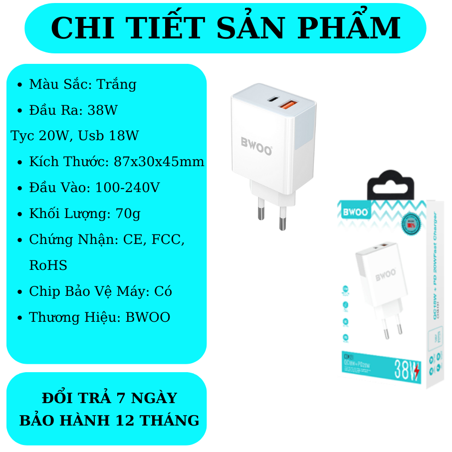 Củ sạc nhanh 2 cổng 38W BWOO  cho các dòng máy Iphone Samsung Oppoo Xiaomi.... Bảo Hành 12 Tháng