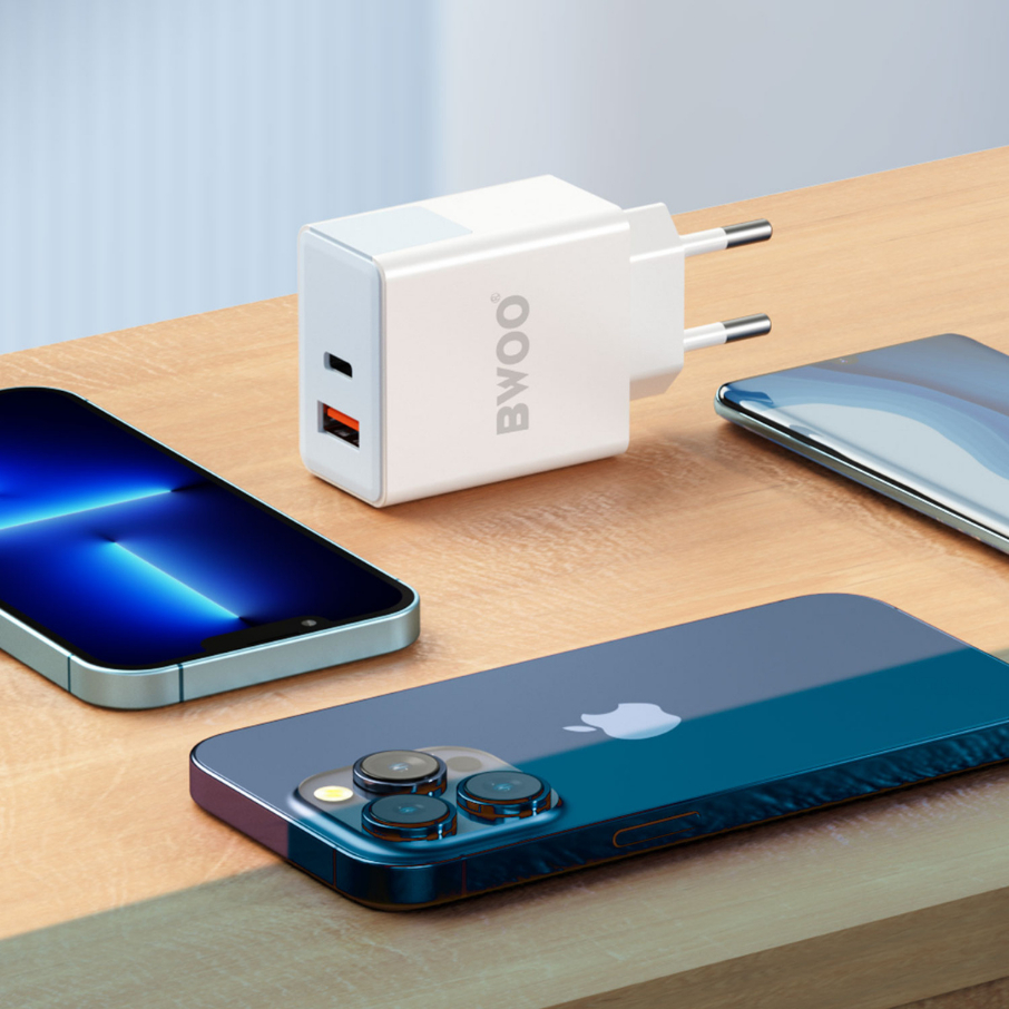 Củ sạc nhanh 2 cổng 38W BWOO  cho các dòng máy Iphone Samsung Oppoo Xiaomi.... Bảo Hành 12 Tháng
