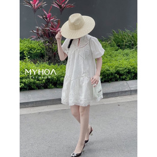 Myhoa| váy trắng babydoll nữ ren vân hoa tay bồng tkcc