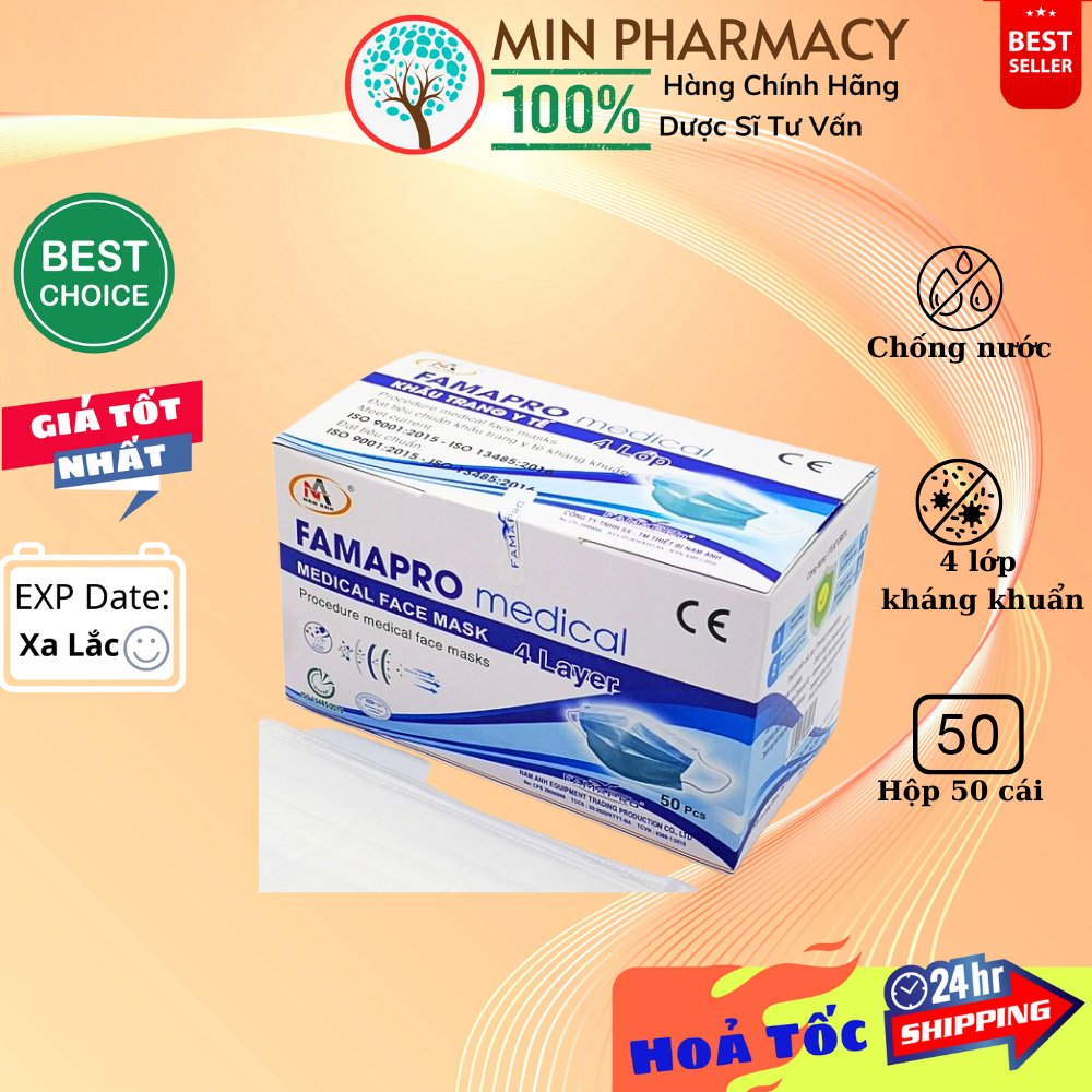 Khẩu trang y tế Famapro 4 lớp kháng khuẩn (50 cái/ hộp) - Minpharmacy