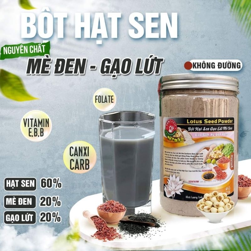 BỘT HẠT SEN GẠO LỨT MÈ ĐEN NGUYÊN CHẤT KHÔNG ĐƯỜNG SENFARM 400G