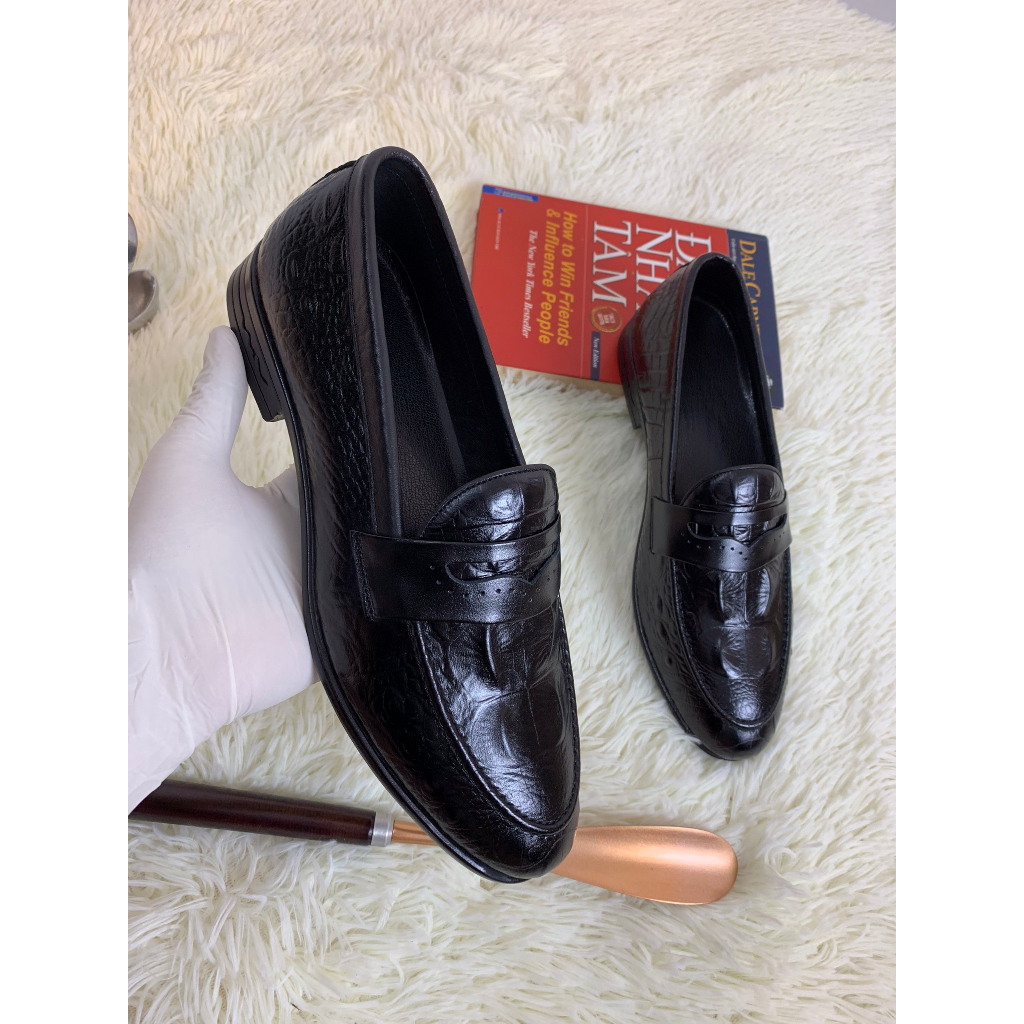 Giày tây nam công sở dập vân cá sấu - giày da bò đế cao su non đúc