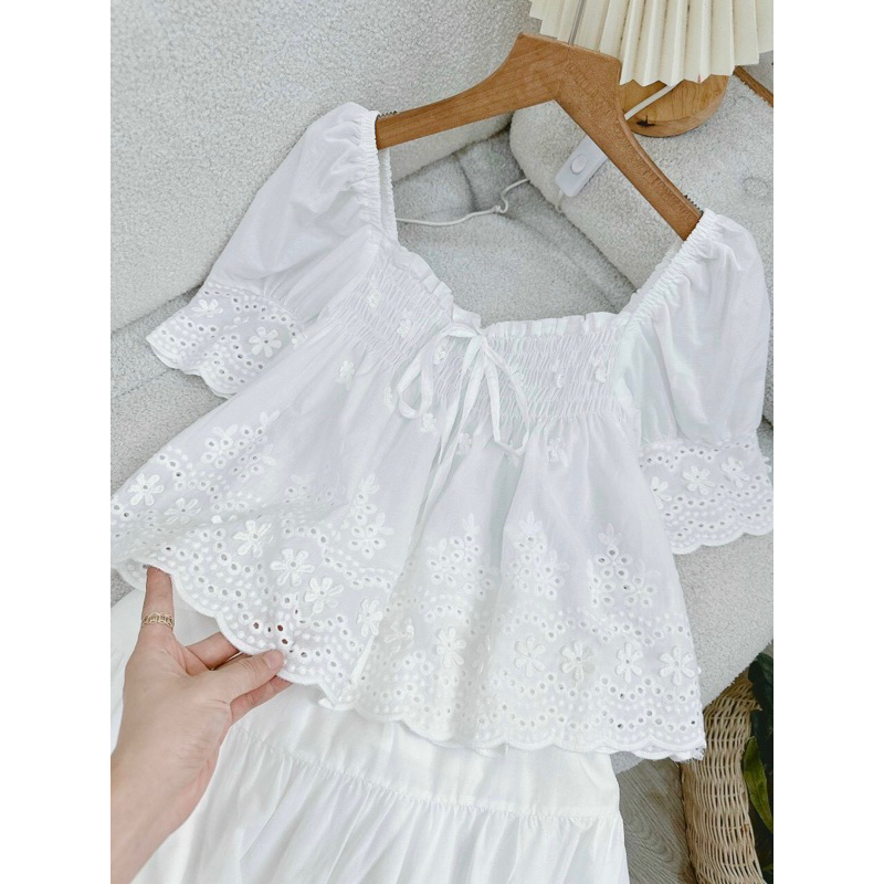 Set áo babydoll xô thêu + Chân váy xoè